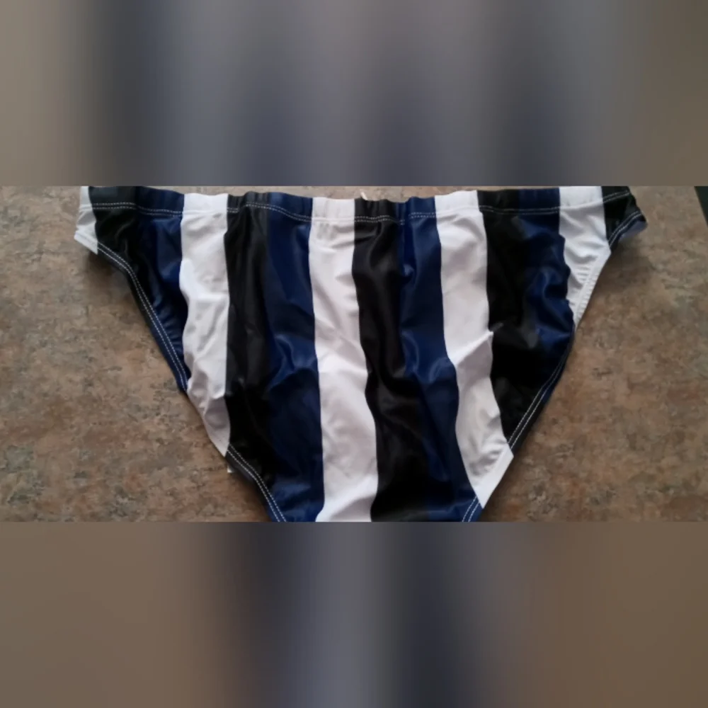 Men's Striped Swim Briefs in Navy, Black & White